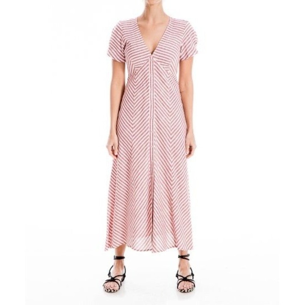 Max Studio‎ Red White Striped Cotton Button Front Midi Dress Womens M Coastal